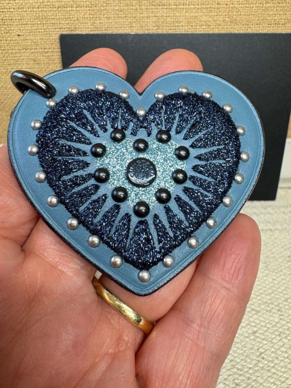 Coach Blue Heart Bag Charm Keychain Key Ring Fob Black Hardware Leather EUC - Picture 3 of 6